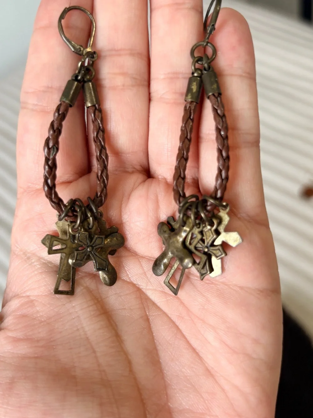 Vintage Antique Bronze Multi Cross Charm Braided Leather Teardrop Earrings
